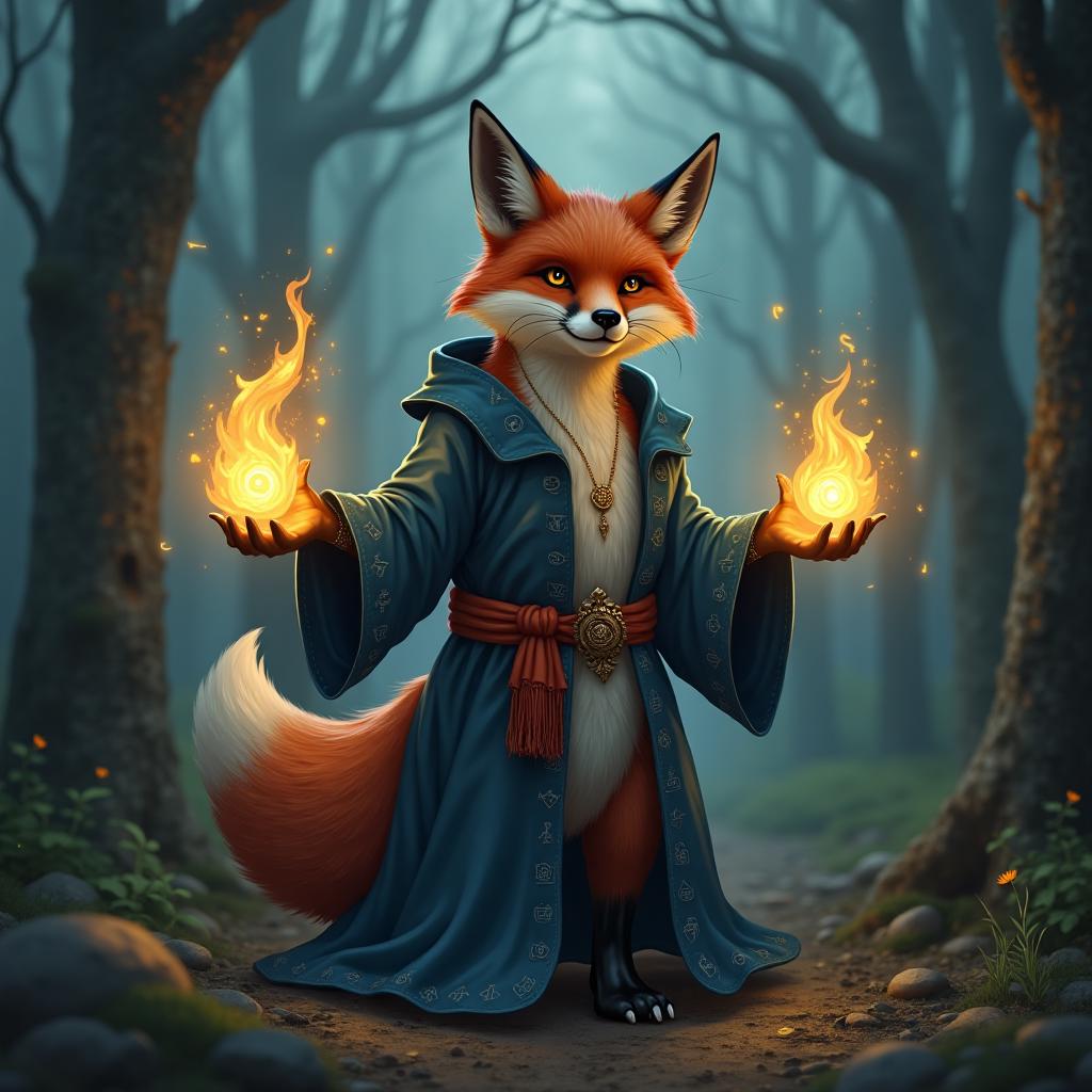 A fox wearing a wizard's robe casting spells with glowing runes in a mysterious, enchanted forest