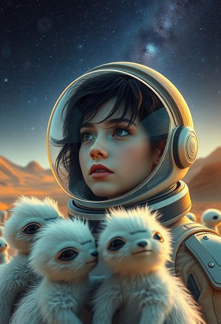 Amidst an alien landscape, a young woman in a transparent-visored space helmet gazes at the horizon, her dark hair tousled. Soft, fluffy alien creatures surround her, their innocence contrasting with the hard lines of her futuristic gear, under a celestial sky teeming with stars.