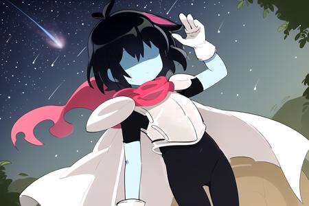 masterpiece, best quality, highres, 1other, hair over eyes, colored skin, solo, blue skin, androgynous, black bodysuit, bodysuit, black hair, gloves,red scarf,  <lora:KrisDeltarune:1>, (armor), 1girl, night, starry sky, :c, outdoors, perfect hands, hand out of frame,