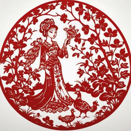 The image is a traditional Chinese paper-cut artwork, predominantly in red and white. It beautifully depicts a scene where a princess, rendered with fine, delicate cuts, stands amidst a lush garden. Her hairstyle is ornate, complemented by floral motifs, and her attire is adorned with intricate patterns, symbolizing nobility. The garden around her is a masterpiece of paper-cut art, featuring a variety of flowers, leaves, and perhaps a peacock or two, all in exquisite detail. The red of the princess's attire vividly contrasts against the white background, bringing the entire scene to life with a sense of elegance and tranquility, <lora:cn_paper_cut:0.75>