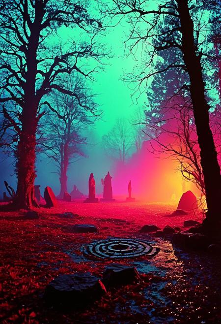 A haunting forest at twilight, the trees gnarled and whispering secrets. The ground is covered with a thick mist that swirls around an ancient stone circle, where rituals are performed under the watchful eyes of carved pagan idols., 
in the style of a vintage, high-contrast setting, capture the essence of a campy and sensual satanic ritual. Emphasize theatrical elements with bursts of bright colors against dark, moody backgrounds
,grim landscapes with vibrant exaggerated neon colorful art, 
, old 80's VHS dark fantasy, VHS screen grab, grainy, old footage