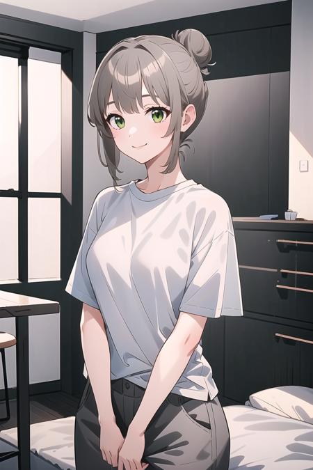 <lora:korean_streamer_v2-000015:0.8>, (1girl, solo, masterpiece, best quality, extremely detail), smile, cowboy shot, (chan, grey hair, light brown hair, green eyes, hair bun, single hair bun), white shirt, t-shirt, shirt slip, oversized shirt