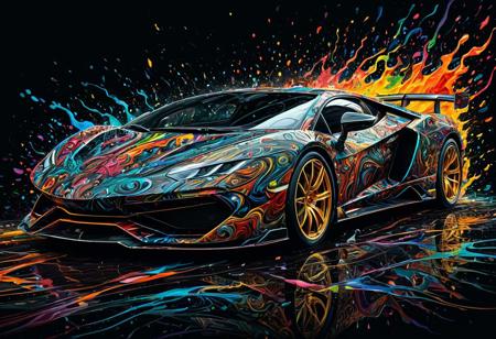 Finely detailed vector illustration, supercar, italian bull, symbiosis, ultra realistic quality, interwoven pattern, black background, hyperdetailed, intricately detailed,  triadic colors,fantastical,intricate detail,splash screen,complementary colors, fantasy concept art, 8k resolution, masterpiece, oil painting, thick strokes, rich strokes, running drops,