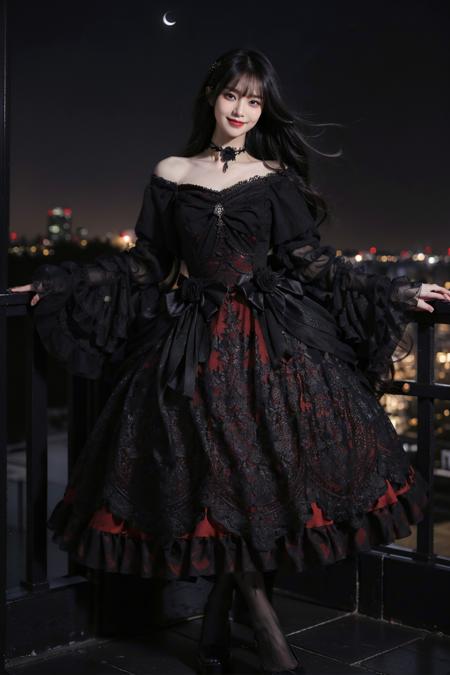 best quality, masterpiece, photorealistic, 1girl, solo, long black hair, straight hair, blunt bangs, looking at viewer, smile, lo dress, layered dress, frills, choker, long dress, long sleeves, wide sleeves, pantyhose, high heel, castle, night, moon, detailed background, <lora:lo_dress_gothic_style2_v2:0.7>