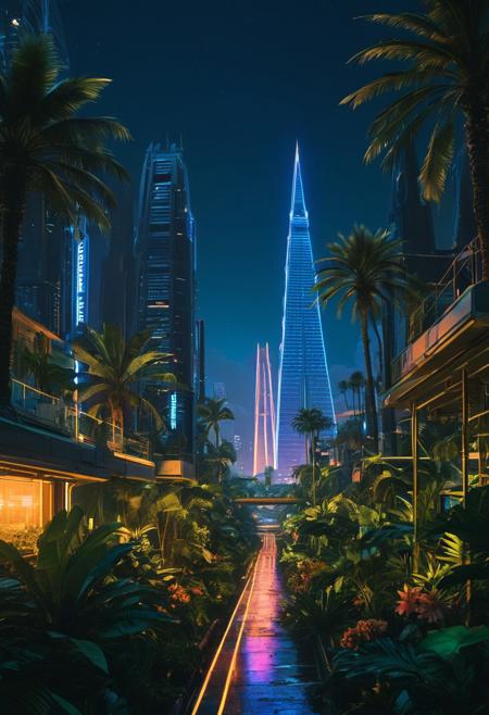 A futuristic, cyberpunk cityscape set in a tropical environment during the summer solstice. The scene features sleek, neon-lit skyscrapers and advanced architecture, but instead of the typical urban jungle, it is surrounded by lush, vibrant tropical vegetation and palm trees. The sky is a deep blue with a few fluffy white clouds, and the sun is high, casting a warm glow. The atmosphere is a blend of futuristic and tropical, with exotic flowers and greenery intertwined with metallic and glass structures. The lighting is bright and vivid, capturing the essence of a tropical solstice in a cyberpunk world. High-resolution, detailed textures, and a dynamic interplay of light and shadow
BREAK
(
night cityscape, skyscrapers, huge docked spaceship in the horizon,Egyptian pyramids tall  as the sky, multi layered highways that circle the  city center ,  illuminated buildings, neon lights, urban skyline, futuristic, cyberpunk aesthetic, sunrise, atmospheric haze, street lamps, architectural lighting, high-rise towers, city glow, modern metropolis, dynamic composition, wide shot:1.8)