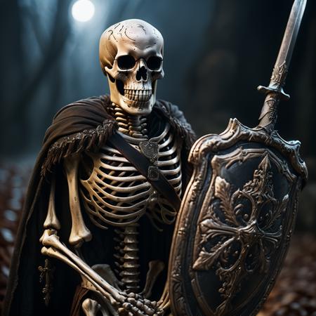 highly detailed cinematic photo of skeleton, 

shield, cloak, cape, holding sword, depth of field, ((night)), crypt, realistic:1.3


depth of field, blurry background, 

masterpiece, best quality:1.1, realistic:1.1,

depth of field:1.1, 
(shadow play:1.3),

