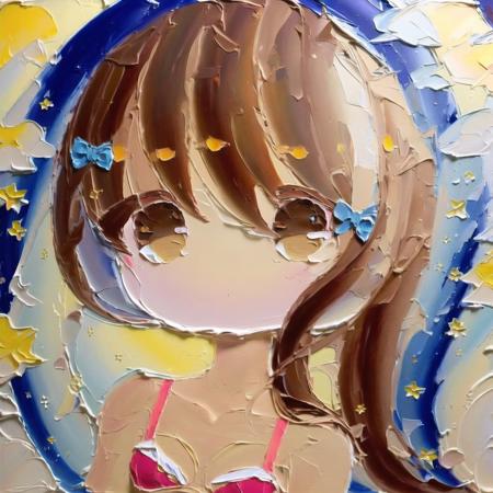 <lora:cute_oil:1>  chibi, cute oil , oil painting \(medium\), brush stroke, 1girl, bikini, bow, brown eyes, brown hair, hair bow, hair tubes, long hair, swimsuit