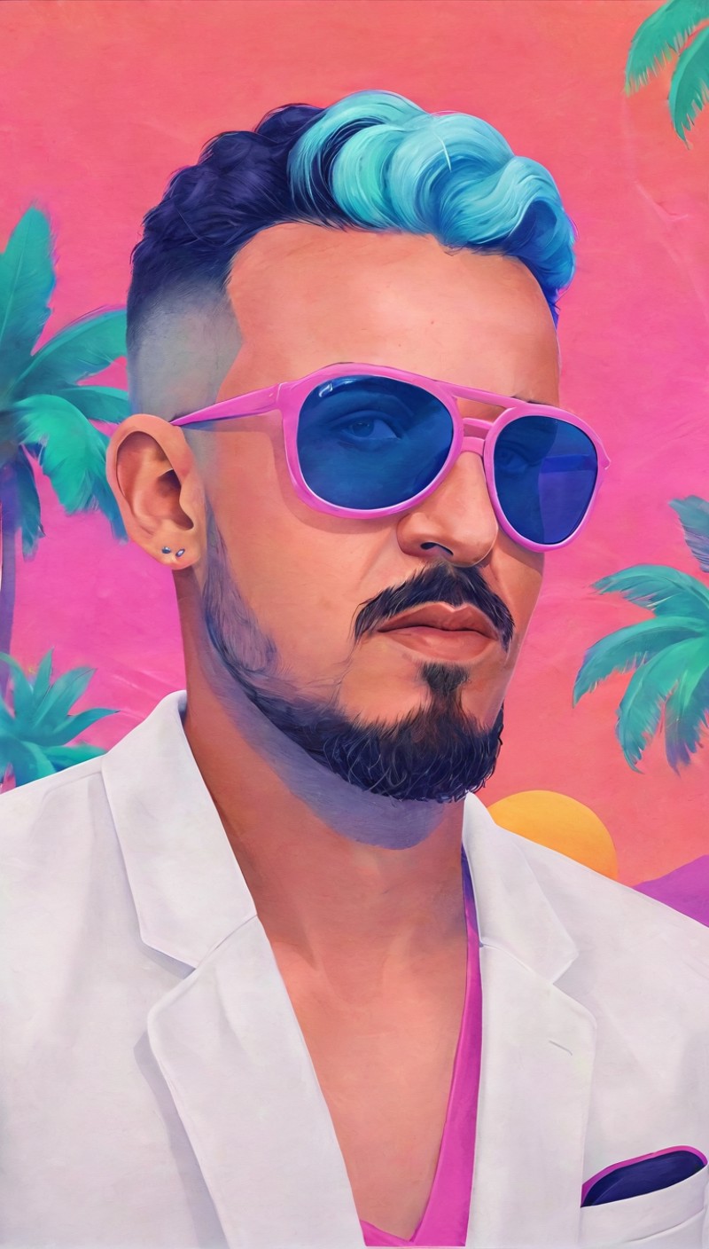 minimalistic modern illustration closeup of a man with retro-futuristic sunglasses and a stoic expression, with pastel pin...