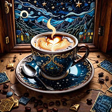Image of a cup of coffee filled with creativity (sharp:1.2), (detailed:1.2), (HD:1.2), (HDR:1.2), (8K:1.2), (best quality:1.2), (best resolution:1.2), maximalist, (masterpiece:1.2),fine art, oil painting, best quality, dark tales, Cape Town in the Van Gogh style, starry sky, Dan Mumford, Andy Kehoe, 2d, flat, cute, adorable, vintage, art on a cracked paper, patchwork, stained glass, fairytale, storybook detailed illustration, cinematic, ultra highly d