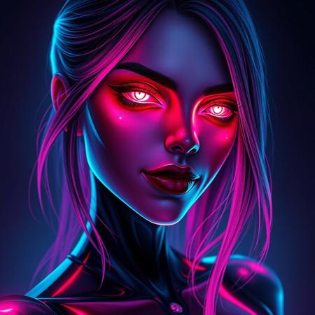 A gorgeous woman with a luminous digital aura lighting up the darkness, the ethereal figure of a digital painting evocative of a distorted human figure with vibrant neon eyes, (glowing eyes:1.1), heart shaped face, macabre appearance and a cunning smile. Vibrant hair. This stunning image is a digital painting, meticulously created with vibrant colors and striking details. Her sleek, futuristic design exudes a sense of otherworldly beauty, with glowing neon accents that seem to pulse with energy. Every pixel is carefully rendered, capturing the character's mysterious and alluring presence in exquisite detail. This mesmerizing image invites viewers to get lost in a dreamlike realm of imagination and technology. ((glowing neon lipstick)), masterpiece, highly detailed, harmonious colors, ((half body angle:1.5))