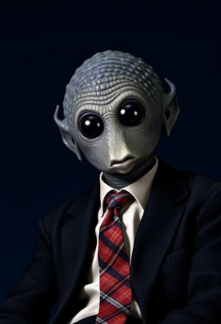 ​A studio shot hyper-realistic portrait of a HUTT alien. He is sat in a dark tweed country jacket, cream shirt and tartan tie against a dark blue backdrop. He looks directly toward the camera. Professional studio portrait photography with classic portrait lighting and shallow depth of field against a seamless backdrop.
