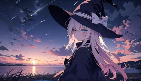 1girl,solo,sky,long hair,hat,silhouette,ahoge,star (sky),hat removed,sunset,headwear removed,scenery,cloud,starry sky,night,witch hat,outdoors,wind,water,night sky, <lora:cute_style_noreg:1>