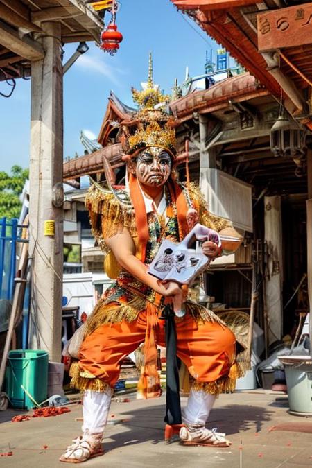 (1boy, a Taiwanese man:1.4), (male, focus), nice hands, perfect hands, full body, twgod, Taiwanese hell police, pauldrons, helmet, holding handcuffs, holding timtoken, scenery, east asian, (Taiwanese temple, Hokkien architecture, Southern Min architecture) East Asia, vintage, historical, heritage, trational, ancient, wooden structure,  (orange tiled roof, upward curve ridge roof), best quality, masterpiece, (outdoor:1.2), multiple temples, historical old cityscape, subtropical environment, rustic, stone base, brick wall