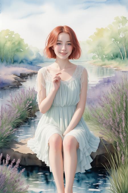Title: "Whimsical Watercolors: The Serene Elegance of a Woman in a Pastel Dreamscape"
ArtStyle: Watercolor Painting Style Drawing
- Texture: Soft and fluid, characteristic of watercolor techniques, with washes of color and gentle gradations
- Color Palette: Delicate and dreamy pastels, with an emphasis on light blues, pinks, lavenders, and soft greens
SceneDescription:
- Subject:  DV_Manuela_Vicious, A red haired woman portrayed as an embodiment of grace and tranquility within a watercolor landscape
- Appearance: Softly defined features, with a harmonious blend of colors creating a gentle, ethereal look
- Expression: A calm, reflective smile, suggesting a deep inner peace and contentment
- Attire: A flowing dress with subtle, watercolor hues, appearing as if the colors are melting into the surrounding landscape
- Action: A relaxed, graceful pose, perhaps sitting by a watercolor-rendered river or walking through a field of softly painted flowers
- Setting: A picturesque, watercolor environment
- Elements: Dreamlike interpretations of nature, such as a blurry field of flowers, a gentle stream, or a distant, forest
- Details: Soft splashes of color and undefined shapes that merge into one another, typical of watercolor landscapes
- Lighting: Soft, diffused light that enhances the watercolor effect, creating a warm, gentle ambiance
- Additional Details:
- Symbolic Elements: Subtle inclusions like a sketchbook, a feather, or a softly glowing lantern, adding layers of meaning to the scene
- Atmospheric Quality: Hints of color bleeding or watercolor drips, emphasizing the artistic medium
Mood: A serene and enchanting portrayal, capturing the quiet beauty and soothing essence of a woman in a whimsical, pastel watercolor world
