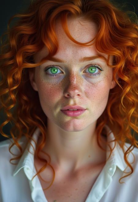 2d, A close-up portrait of a young, freckled Irish woman with fiery red hair, styled in loose curls that frame her face. Her green eyes sparkle with mischief, and her lips are painted a soft, natural pink. She wears a simple, white blouse that contrasts beautifully with her vibrant hair., highly detailed, Repulsive, key light, dark violet, sad atmosphere <lora:usual-portrait-v2:1>