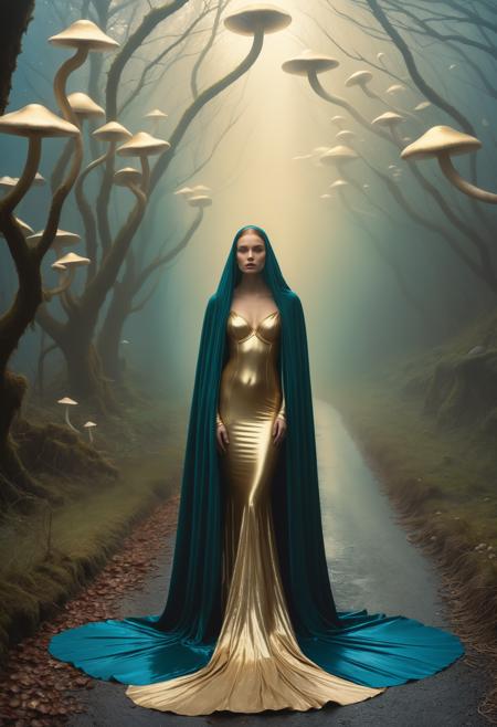 An ethereal ichthyology, with a shimmering mermaid cloak and enchanted mushrooms weaving intricate webs of gold. Inspired by the timeless beauty that permeates fantasy worlds like Moebius & Gertrude Jepsen' allure novels in speculative fiction literature or Cormac McCarthy's 'The Road.', 2000s vintage RAW photo, photorealistic, film grain, candid camera, color graded cinematic, eye catchlights, atmospheric lighting, imperfections, natural, shallow dof, High level of detail to create a photographic-like image, focusing on lighting, realistic textures, hyperdetailed.
