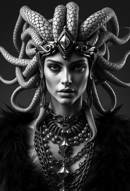 Close Up shot, front view of Medusa, lust look, erotic, hot, beautiful, snakes, jewels, chains necklaces, feathers pauldron, fur cape, hyper realistic, ultra detailed black and white Photography studio style