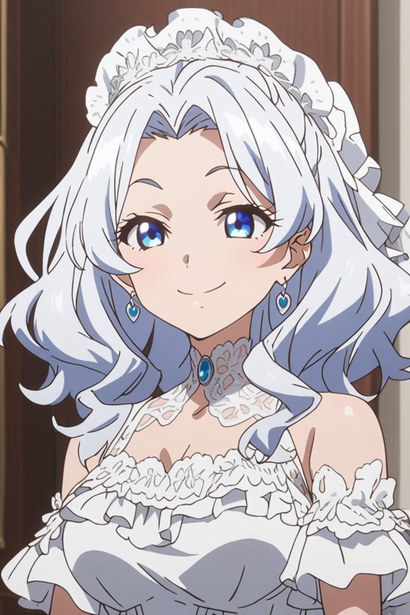 anime screencap,1girl,smile,white dress,frill,lace