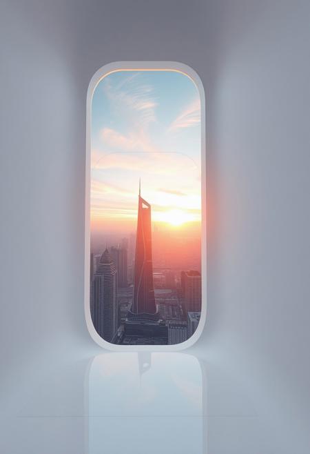 A fleeting sunrise seen through a narrow, frosted slit in the glossy, stark-white composite wall of an ultra-futuristic, dystopian megatower. For a single second, the sun’s radiant, pearlescent-orange rays stream in, casting an otherworldly glow across the pristine, all-white interior filled with pulsating quantum displays, sleek levitating panels, and softly whirring tech nodes. Beyond the slit, a sprawling, hyper-advanced cityscape stretches out with towering, elegantly curved skyscrapers—their smooth, flowing designs resembling liquid glass—and glowing energy grids, all silhouetted against a sky streaked with iridescent pink and lavender hues. The brief sunlight reflects off the polished white surfaces inside, amplifying the contrast between the sterile, high-tech environment and the ephemeral beauty of the sunrise, before shadows return.