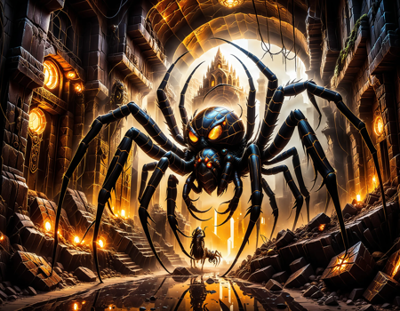 masterpiece, best quality, amazing quality, very aesthetic, absurdres, highly detailed, cinematic, (9 golden eyes, 9 golden eyes big spider monster:1.2), fighting BREAK
underground city, cracked crystals, glowing golden light, light inside crystals, ancient stone buildings, ruined architecture, fantasy ruins, mysterious underground, giant spider monster, 
glowing spider eyes, fantasy underground world, magical crystals, golden glow mist, dark cavern city, decayed temple, web-covered ruins, ancient fantasy city, mythical underground monster, spider crawling wall 
 <lora:dvr-rst:0.8> , dvr-rst <lora:add-detail-xl:1> <lora:cfg_scale_boost:0.6>