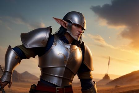 a elf man in armor standing in a battlefield, detailed face, medieval, fantasy