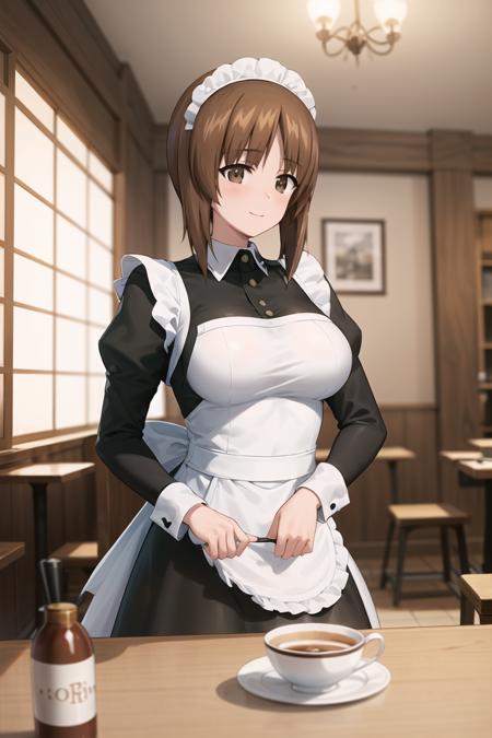 masterpiece, best quality,1girl, solo, girls und panzer,nishizumi miho, (maid uniform:1.2), indoors, cafe <lora:Nishizumi Miho:0.6>