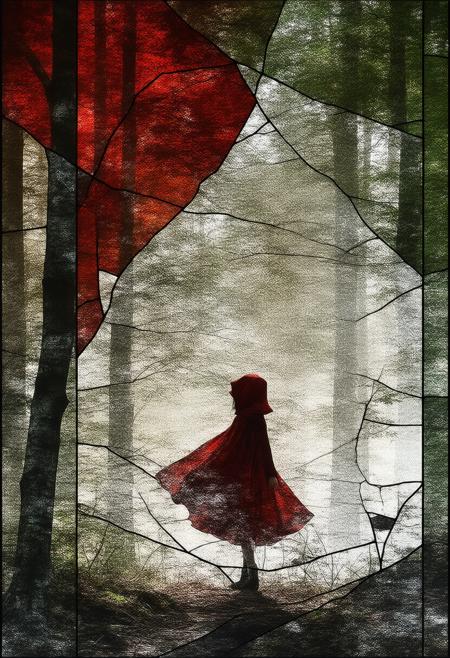 A haunting and surreal depiction of Little Red Riding Hood, rendered in a fractured, stained-glass Cubist style. The scene shatters into geometric shards, presenting multiple perspectives of the girl, the dense forest, and a subtle, unsettling suggestion of the wolf's presence. The palette utilizes deep reds, greens, and blacks, punctuated by bold white lines and a soft, inner luminescence emanating from the girl's cloak and the forestâs depths. Photorealistic details of the cloakâs texture, the forestâs foliage, and a hint of the girlâs apprehensive expression harmonize with the abstract fragmentation, creating a captivating and slightly unsettling fairytale reimagining. Ultra detailed, 8k resolution, volumetric lighting, octane render, emphasizing the interplay of light and shadow and the symbolic use of color to evoke a sense of both innocence and foreboding.