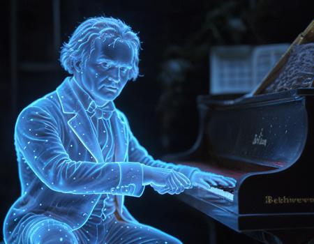 Beethoven playing a piano , luminous, bioluminescence,  glowing, <lora:Glowing_Nature:0.6>