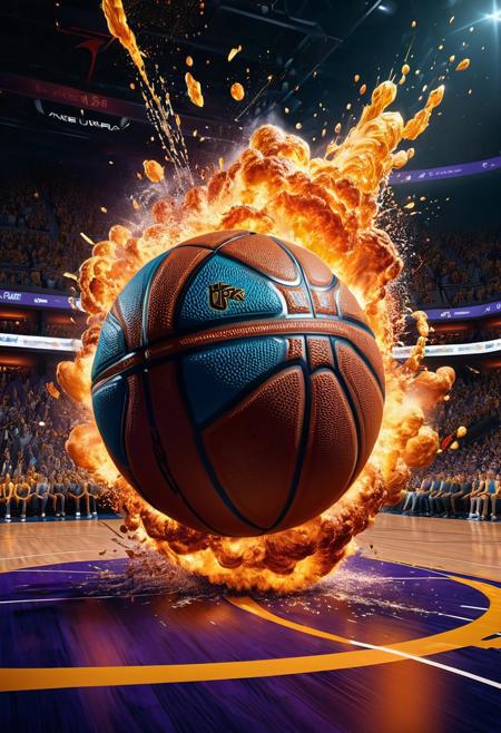 A Basketball exploding in the basketball paint zone, detailed matte painting, deep color, fantastical, intricate detail, splash screen, complementary colors, fantasy concept art, 8k resolution trending on Artstation Unreal Engine 5