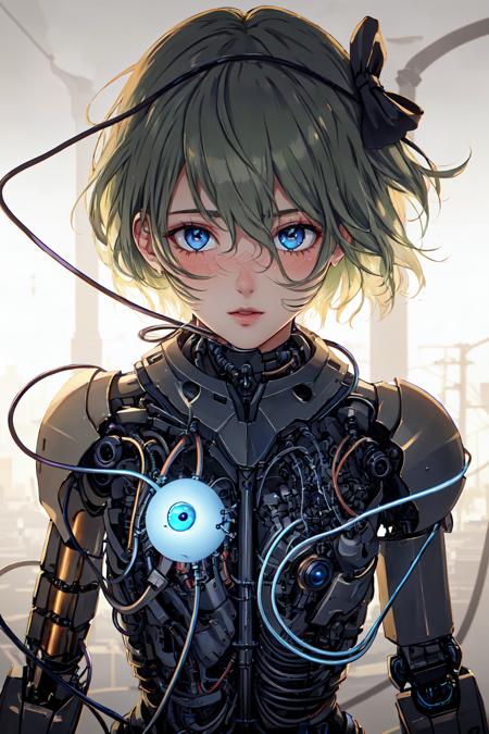 1mechanical_girl wearing intricate bioluminescent mechanical cyborg armor made out of (white beige old plastic) , ((ultra realistic details)), detailed_face, global_illumination, shadows, octane_render, 8k, ultra_sharp, metal, ornaments_detailed,  solo, 1girl, solo, komeiji koishi, green hair, third eye, heart, upper body, no headwear, long sleeves, looking at viewer, blush, short hair, heart of string, blue eyes, bow, hair between eyes, bangs, sleeves past wrists, breasts,cold_colors, egypician_detail, highly_intricate_details, realistic_light, trending_on_cgsociety, glowing_eyes, facing_camera, neon_details, machanical_limbs, ((lot_wires_and_cables_connecting_to_head_and_body)), killing_machine, extremely_sexy, lustful, slutty