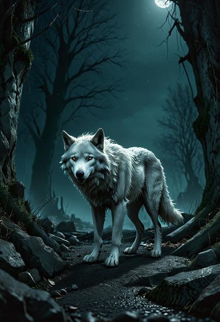 A chilling horror-inspired scene features a sinister white wolf, shrouded in darkness, set against a backdrop of an ominous, moonless night. The ambient coloring and vast scale of the scene create an immersive atmosphere of dread and isolation, as the viewer is drawn into the haunting world of the mysterious, predatory wolf.
