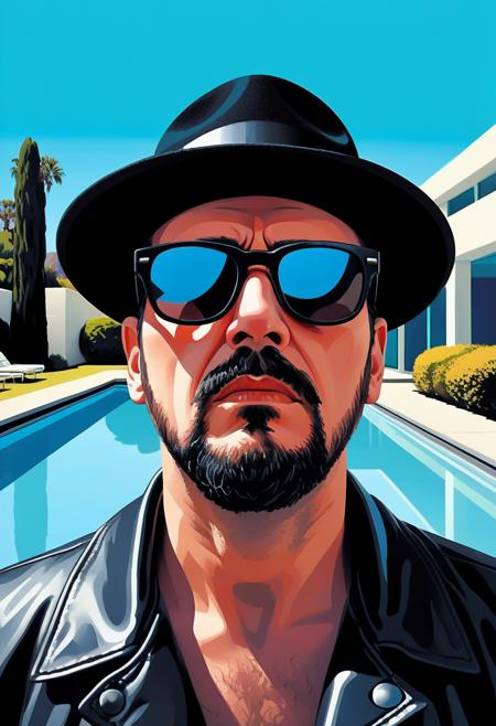 intimidating drug kingpin in black pork pie hat, dark sunglasses, goatee, black leather jacket, head tilted down slightly, (looking down:1.1), eyes looking up directly at viewer from under lowered brow, intense unblinking Kubrick stare, eyebrows furrowed, menacing predatory gaze, whites of eyes visible above iris, unsettling fixed expression,, vibrant acrylic painting style, bold flat colors, clean geometric compositions, bright California sunlight, crisp shadows, modernist architecture, swimming pool blue tones, perfectly manicured landscapes, mid-century modern aesthetic, saturated color palette, smooth gradients, minimal detail work, contemporary pop art influence, architectural precision, optimistic 1960s atmosphere,