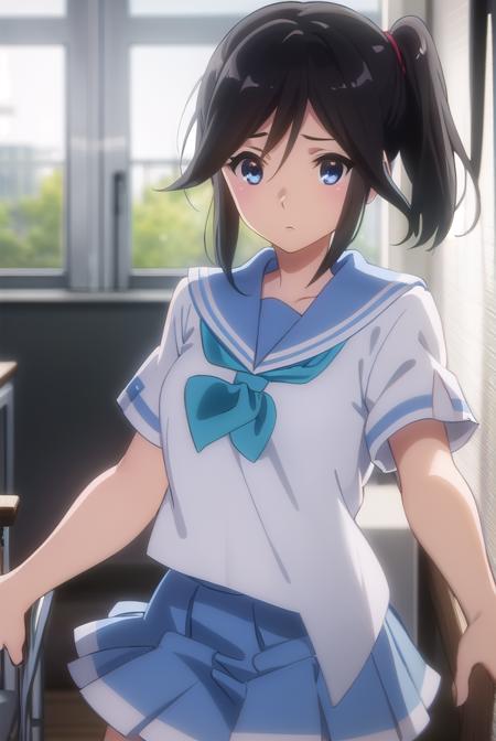 nozomikasaki, <lora:nozomi kasaki s2-lora-nochekaiser:1>,
nozomi kasaki, kasaki nozomi, long hair, blue eyes, black hair, ponytail, hair between eyes,
BREAK skirt, shirt, school uniform, white shirt, short sleeves, pleated skirt, serafuku, sailor collar, blue skirt, neckerchief, blue sailor collar, school bag, blue neckerchief, kitauji high school uniform,
BREAK indoors, classroom,
BREAK looking at viewer, (cowboy shot:1.5),
BREAK <lyco:GoodHands-beta2:1>, (masterpiece:1.2), best quality, high resolution, unity 8k wallpaper, (illustration:0.8), (beautiful detailed eyes:1.6), extremely detailed face, perfect lighting, extremely detailed CG, (perfect hands, perfect anatomy),