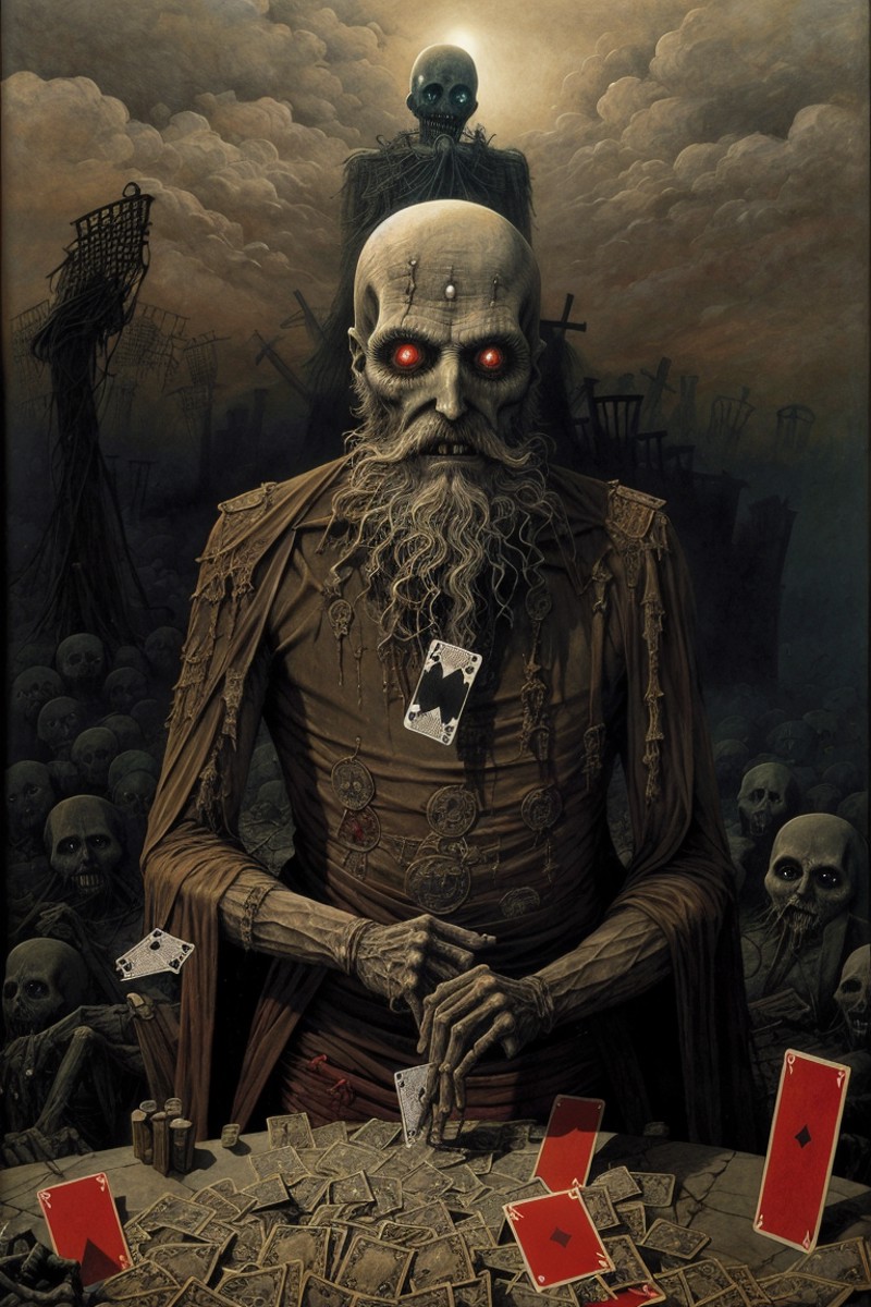a closeup beard man, playing card, graveyard, nightmare, disturbing, creepy, gloomy, rotten, by zdzislaw beksinski