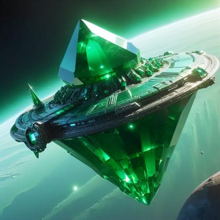 <lora:EmeraldMorph:1>, emeraldmorph, a huge angular alien spacecraft in orbit around a strange planet, the ship is made entirely out of emerald and gleams with light of the nearby star,