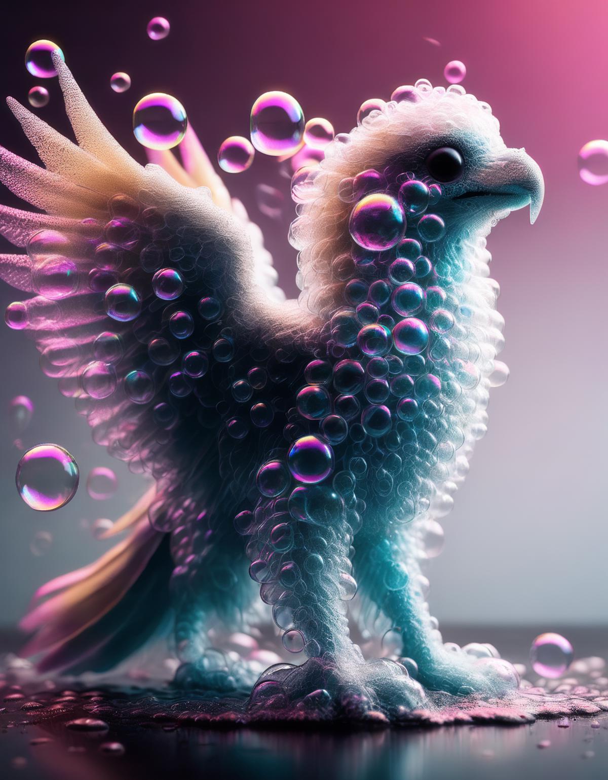A white bird with a purple background and bubbles behind it.
