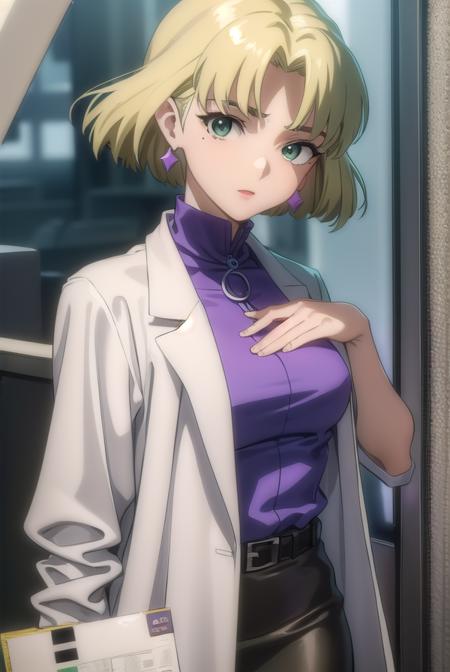 ritsukoakagi, <lora:ritsuko akagi rebuild-lora-nochekaiser:1>,
ritsuko akagi, short hair, blonde hair, mole, mole under eye, (parted bangs:1.5), (green eyes:1.5),
BREAK lipstick, skirt, jewelry, pantyhose, earrings, belt, pencil skirt, labcoat, shirt, purple shirt, turtleneck, zipper,
BREAK indoors, laboratory,
BREAK looking at viewer, (cowboy shot:1.5),
BREAK <lyco:GoodHands-beta2:1>, (masterpiece:1.2), best quality, high resolution, unity 8k wallpaper, (illustration:0.8), (beautiful detailed eyes:1.6), extremely detailed face, perfect lighting, extremely detailed CG, (perfect hands, perfect anatomy),