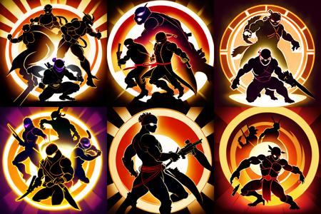 masterpiece,(bestquality),  no humans,Teenage Mutant Ninja Turtles silhouette ,glowing,