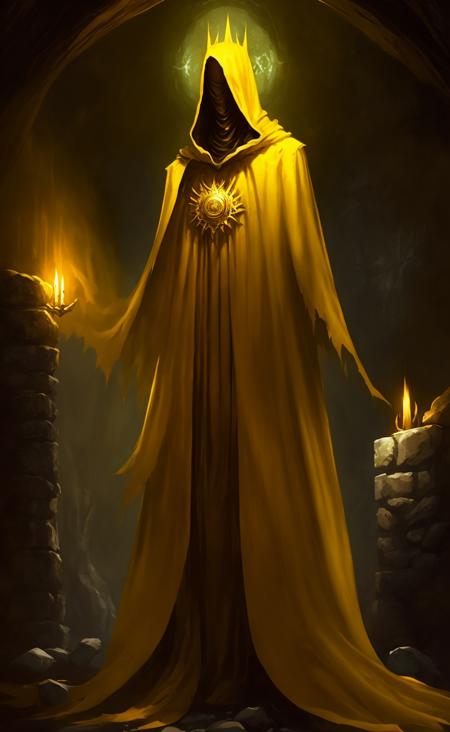 a professional digital painting of the kinginyellow standing in a shadowy crypt wearing a yellow cloak and (hood:1.2) that conceals his face in complete shadow with a crown hovering above his head like a halo, high quality, stone wall background, dungeon  <lora:kinginyellow-beta1-000007:0.9>