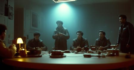 syberart Create a tense and dramatic screenshot of a group of people being interrogated by a very weird alien species, set in the year 2980. Use advanced lighting techniques to capture the mood and atmosphere of the scene, and incorporate elements of the interrogation room, such as harsh lighting and sterile surroundings, to add tension and fear. Utilize a 35mm camera and anamorphic lens to give the image a classic and cinematic feel, and use post-processing software like Lightroom to sharpen and enhance the details of the image. Use a professional camera brand like ARRI, Canon, Fuji, or Kodak to ensure impeccable image quality and realism.