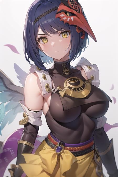 sara kujou, blue hair, short hair, swept bangs, (yellow eyes:1.5), bird mask, gloves, leotard, bracer, detached sleeves, elbow gloves, gloves, japanese clothes, jewelry, leotard, mask, mask on head, obi, pelvic curtain, pendant, sash, sleeveless, vision (genshin impact), wide sleeves,