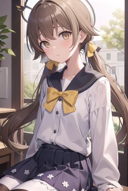 bluearchivehifumi, <lora:bluearchivehifumi-lora-nochekaiser:1>, 
hifumi, brown hair, hair between eyes, hair bow, hair ribbon, halo, long hair, low twintails, sidelocks, twintails, wing hair ornament, (brown eyes:1.5), (flat chest:1.),
BREAK black pantyhose, black skirt, long sleeves, pantyhose, pleated skirt, ribbon, school uniform, serafuku, skirt,
BREAK looking at viewer, 
BREAK indoors, classroom,
BREAK <lyco:GoodHands-beta2:1>, (masterpiece:1.2), best quality, high resolution, unity 8k wallpaper, (illustration:0.8), (beautiful detailed eyes:1.6), extremely detailed face, perfect lighting, extremely detailed CG, (perfect hands, perfect anatomy),