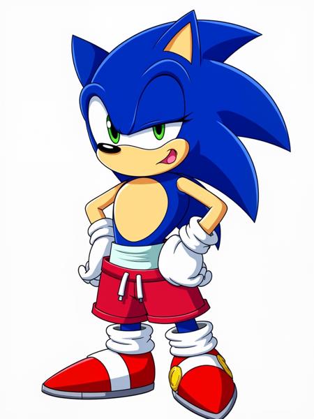 Sonic the hedgehog wears sagging shorts and exposed diapers.