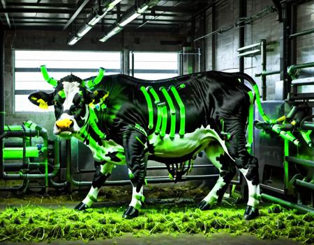 raw photo,cinematic shot,photorealistic,solo,a cybermutant cow with glowing green tubes in an industrial cow facility,<lora:Fleshmutant_R2-000003:1.2>