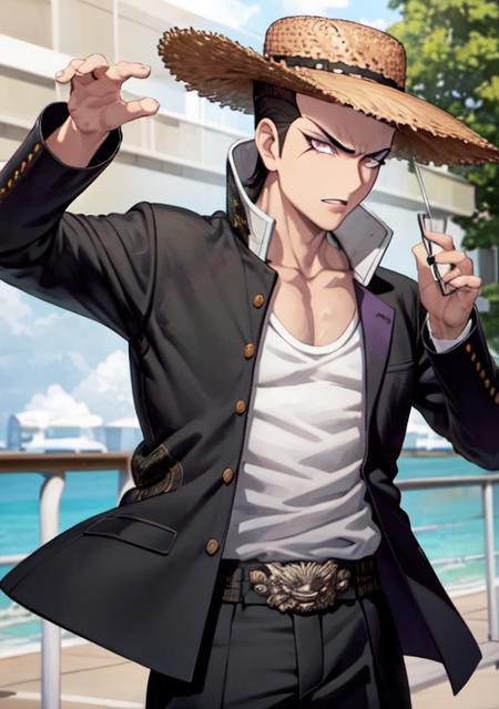 masterpiece, best quality, owada mondo, 1boy, pompadour, brown hair, purple eyes, black gakuran, white shirts, open jacket, muscular, black pants, <lora:Mondocolab-11:0.7>, straw hat, summer, ocean