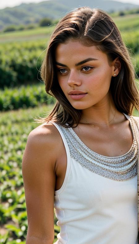 rachaellange a slim beautiful woman, wearing a summer dress, in a corm field, hi detail, sharp focus, perfect lighting, awesome, dslr, 4k high quality. extra detail, extra sharp, magical, perfect moment, natural skin, pores