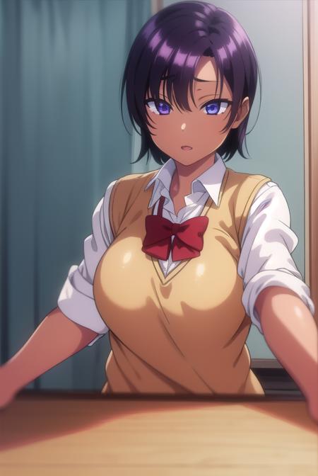 saehinata, <lora:saehinata-lora-nochekaiser:1>, 
sae hinata, blue eyes, purple hair, dark skin, dark-skinned female, short hair,
BREAK shirt, bow, school uniform, white shirt, collared shirt, bowtie, red bow, sweater vest, brown sweater,
BREAK looking at viewer,
BREAK indoors, classroom,
BREAK <lora:GoodHands-vanilla:1>, (masterpiece:1.2), best quality, high resolution, unity 8k wallpaper, (illustration:0.8), (beautiful detailed eyes:1.6), extremely detailed face, perfect lighting, extremely detailed CG, (perfect hands, perfect anatomy),