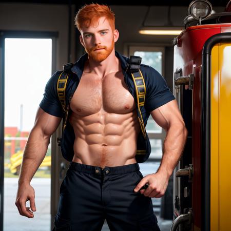 a male 22 years old firefighter man taking off clothes at a firestation, seductive facial expression, ginger hair, medium beard, hairy body, sweat on body, firefighter uniform, firefighter gear, pulled down pants, dynamic pose, staring at a viewer, natural lighting, natural shadows, reflections,  4K, HDR, highly detailed, raytracing, reflections,