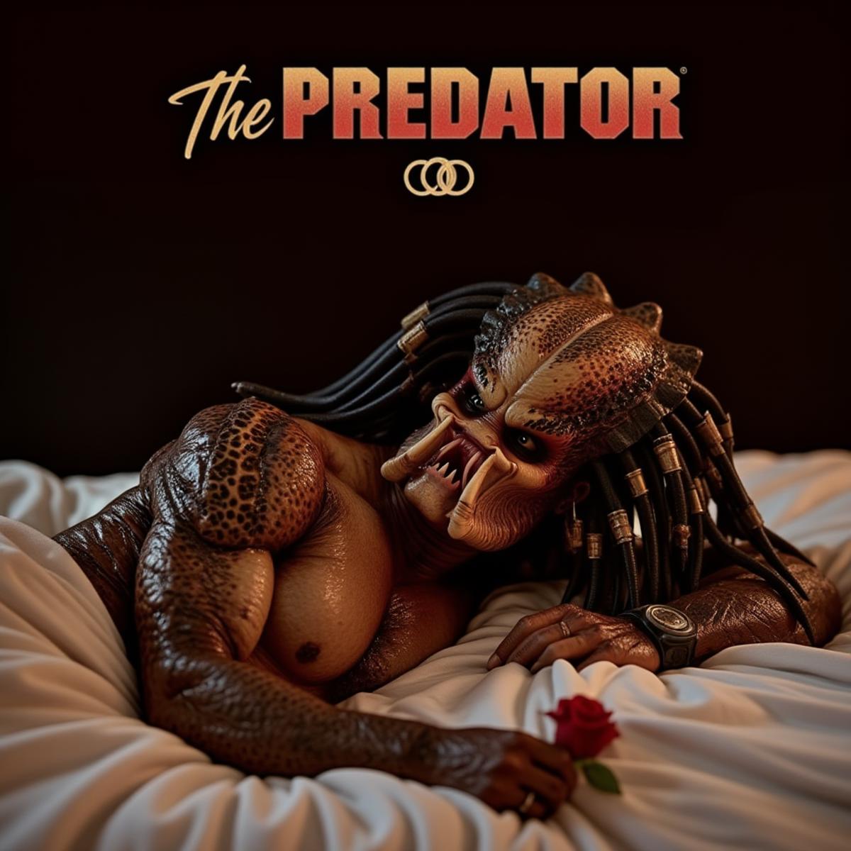 a  romantic Predator is laying on a silk sheets bed on a sensual way. He is holding a red rose. A main title says "The Predator" and have a logo with wedding rings next to it<lora:PredatorV2:0.8>