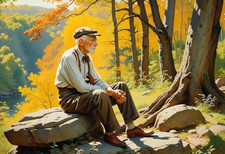 Charming scene of an old man sitting on a rock, (1930s:1.2) attire, (thoughtful:1.3) expression, surrounded by (vintage:1.1) nature, (soft sunlight:1.2) filtering through trees, nostalgic atmosphere, by (Norman Rockwell:1.4), warm colors, detailed textures, serene mood